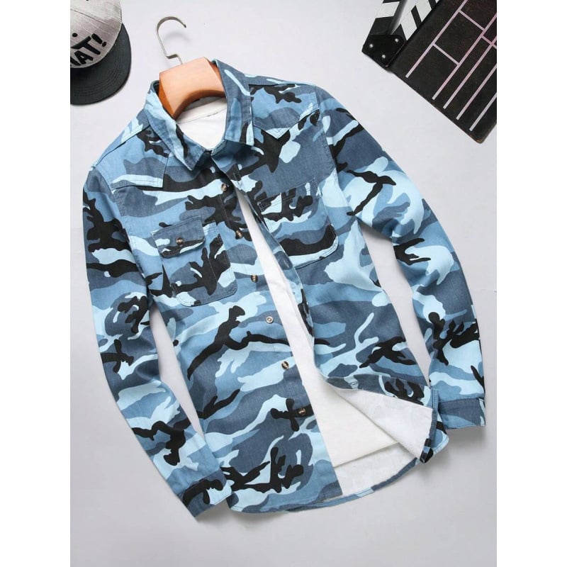 Vīriešu krekls ar pogām priekšā, kamuflāžas apdruka, sintētisko šķiedru maisījums