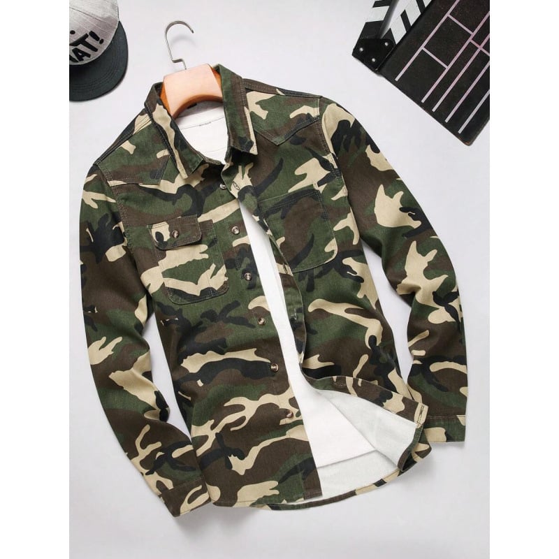 Vīriešu krekls ar pogām priekšā, kamuflāžas apdruka, sintētisko šķiedru maisījums