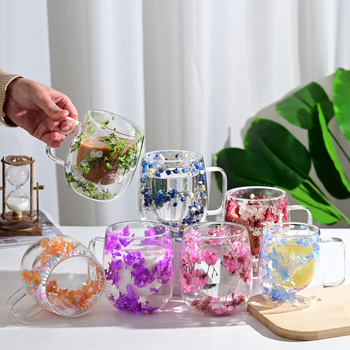 Šalica od borosilikatnog stakla s drškom, dvostrukog zida, dizajn suhih cvjetova, otporna na toplinu