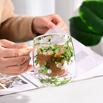 Šalica od borosilikatnog stakla s drškom, dvostrukog zida, dizajn suhih cvjetova, otporna na toplinu