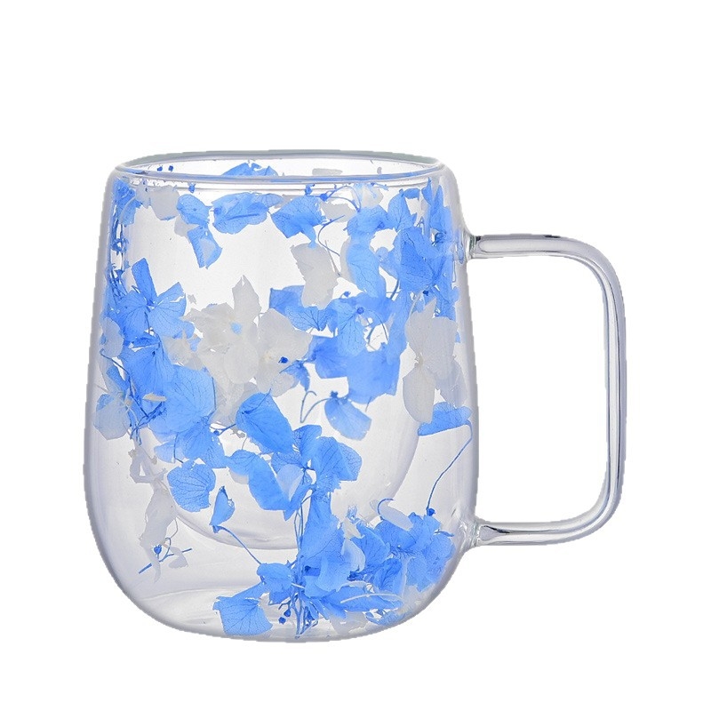 Šalica od borosilikatnog stakla s drškom, dvostrukog zida, dizajn suhih cvjetova, otporna na toplinu