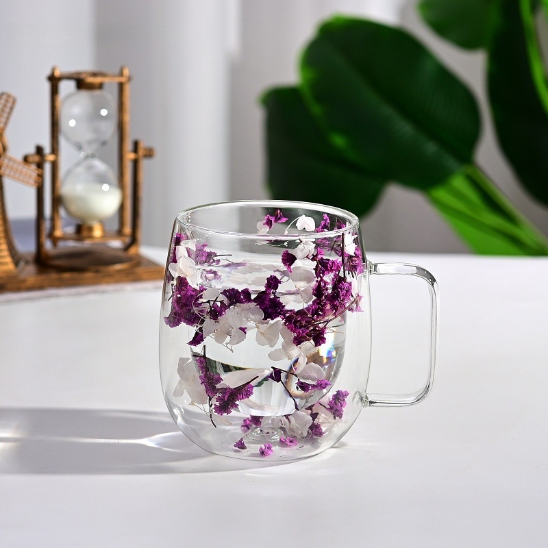 Šalica od borosilikatnog stakla s drškom, dvostrukog zida, dizajn suhih cvjetova, otporna na toplinu