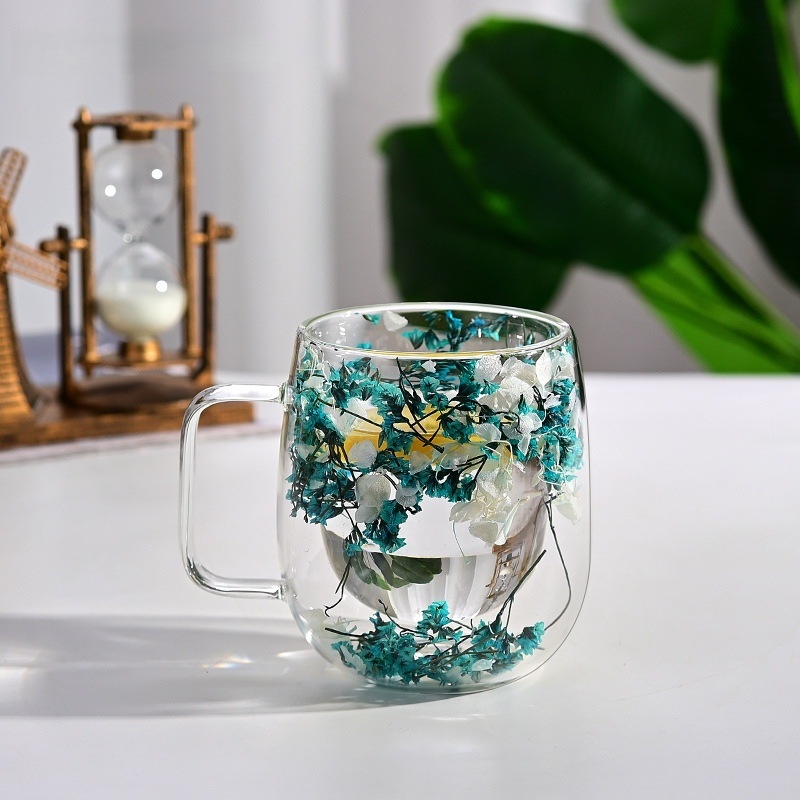 Šalica od borosilikatnog stakla s drškom, dvostrukog zida, dizajn suhih cvjetova, otporna na toplinu