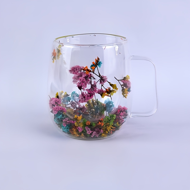 Šalica od borosilikatnog stakla s drškom, dvostrukog zida, dizajn suhih cvjetova, otporna na toplinu