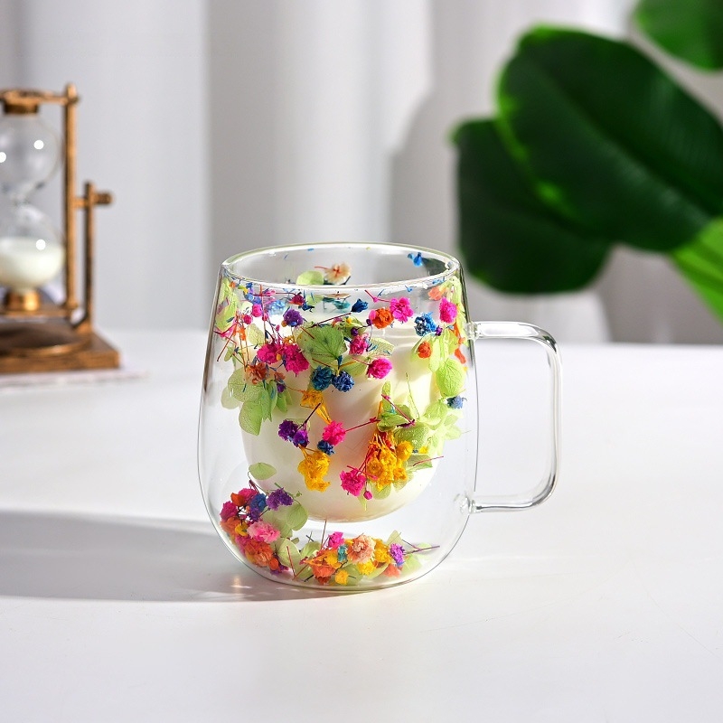 Šalica od borosilikatnog stakla s drškom, dvostrukog zida, dizajn suhih cvjetova, otporna na toplinu