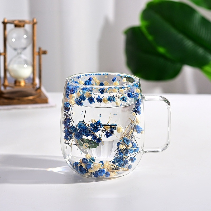 Šalica od borosilikatnog stakla s drškom, dvostrukog zida, dizajn suhih cvjetova, otporna na toplinu