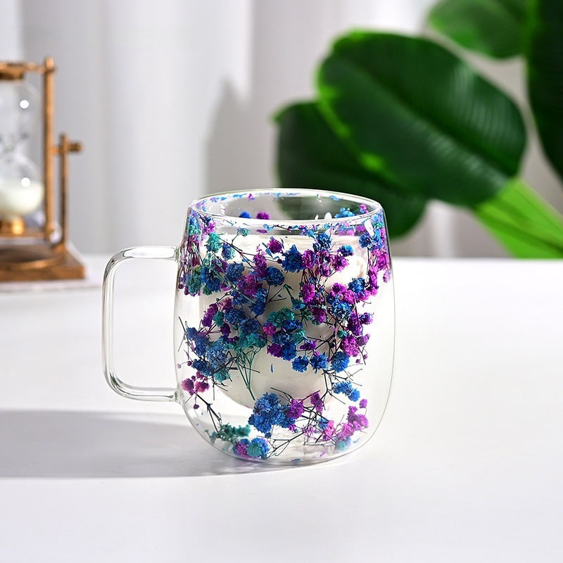 Šalica od borosilikatnog stakla s drškom, dvostrukog zida, dizajn suhih cvjetova, otporna na toplinu