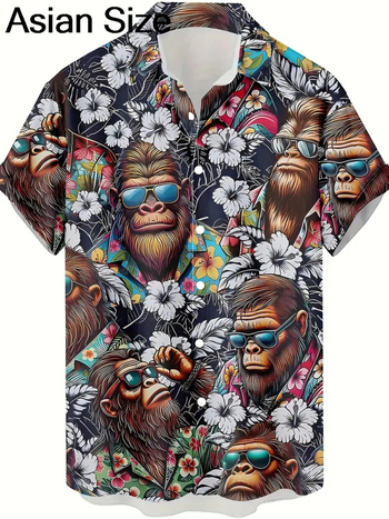 Vyriniai 3D spausdinti marškiniai su gyvūnų grafine spauda (beždžionė, elnias, katė), trumpomis rankovėmis, laisvas kirpimas