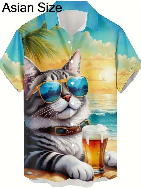 Vyriniai 3D spausdinti marškiniai su gyvūnų grafine spauda (beždžionė, elnias, katė), trumpomis rankovėmis, laisvas kirpimas