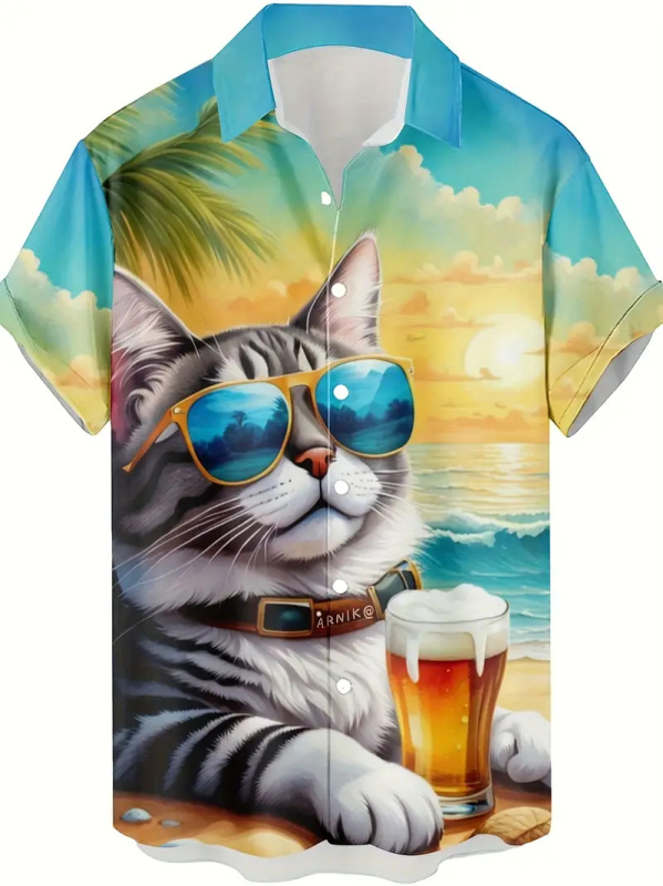 Vyriniai 3D spausdinti marškiniai su gyvūnų grafine spauda (beždžionė, elnias, katė), trumpomis rankovėmis, laisvas kirpimas