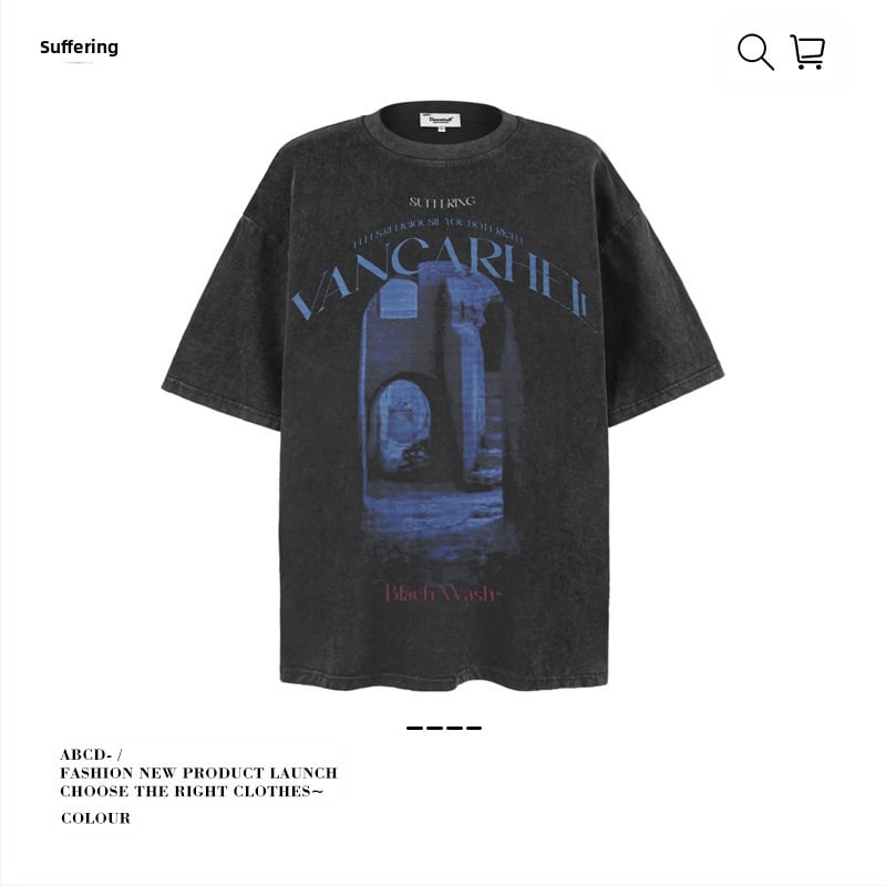 Vintage udobna muška majica, ulični stil, okrugli izrez, kratke rukave, mercerisirana pamuk 96%+