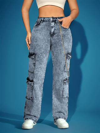 Džinsu darba bikses ar augstu jostu, taisnas kājas, kabatas ar pārsegiem, kokvilnas-poliesteru maisījums, augsta elastība