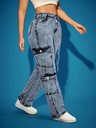 Džinsu darba bikses ar augstu jostu, taisnas kājas, kabatas ar pārsegiem, kokvilnas-poliesteru maisījums, augsta elastība