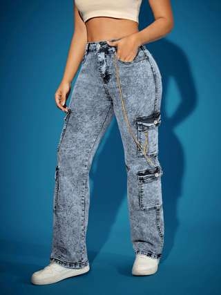 Džinsu darba bikses ar augstu jostu, taisnas kājas, kabatas ar pārsegiem, kokvilnas-poliesteru maisījums, augsta elastība