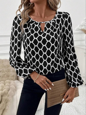 Cămașă damă din poliester, imprimeu abstract, mâneci lungi, guler rotund, stil pul-over