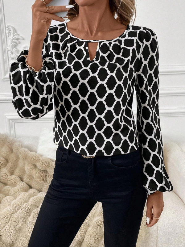 Cămașă damă din poliester, imprimeu abstract, mâneci lungi, guler rotund, stil pul-over