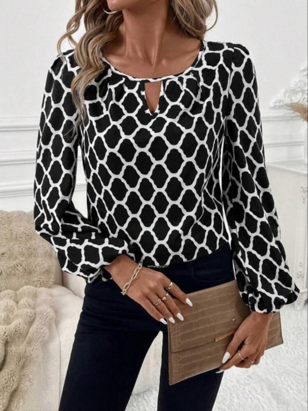 Cămașă damă din poliester, imprimeu abstract, mâneci lungi, guler rotund, stil pul-over