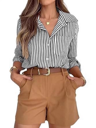 Rochie-bluză feminină în dungă, mâneci lungi, nasturi în față, buzunar, poliester 70–80%