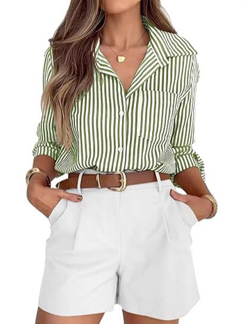 Rochie-bluză feminină în dungă, mâneci lungi, nasturi în față, buzunar, poliester 70–80%