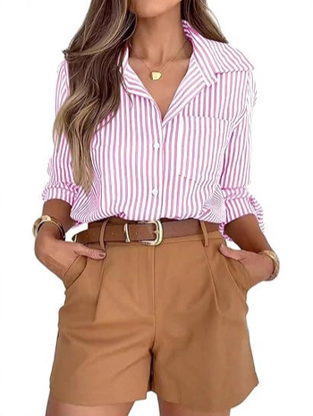 Rochie-bluză feminină în dungă, mâneci lungi, nasturi în față, buzunar, poliester 70–80%