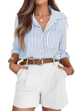 Rochie-bluză feminină în dungă, mâneci lungi, nasturi în față, buzunar, poliester 70–80%