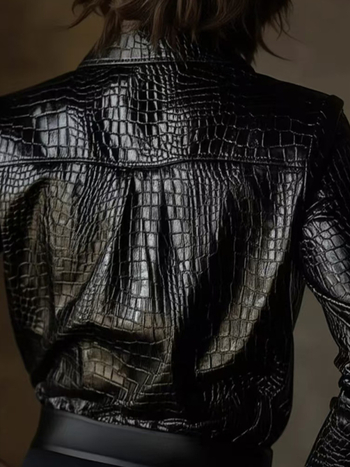 Cămașă din PU piele cu imprimeu animal cu model de crocodil, mâneci lungi, guler pătrat, nasturi pe o singură linie