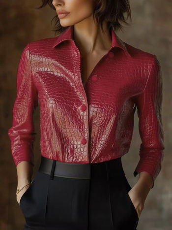 Cămașă din PU piele cu imprimeu animal cu model de crocodil, mâneci lungi, guler pătrat, nasturi pe o singură linie