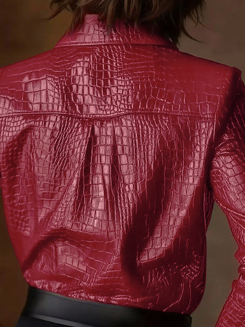 Cămașă din PU piele cu imprimeu animal cu model de crocodil, mâneci lungi, guler pătrat, nasturi pe o singură linie