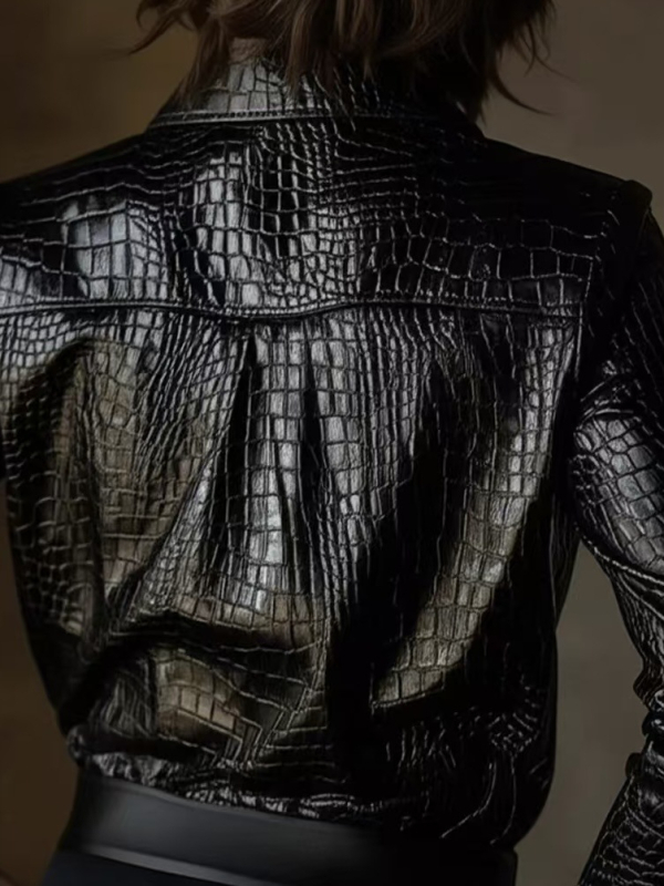 Cămașă din PU piele cu imprimeu animal cu model de crocodil, mâneci lungi, guler pătrat, nasturi pe o singură linie