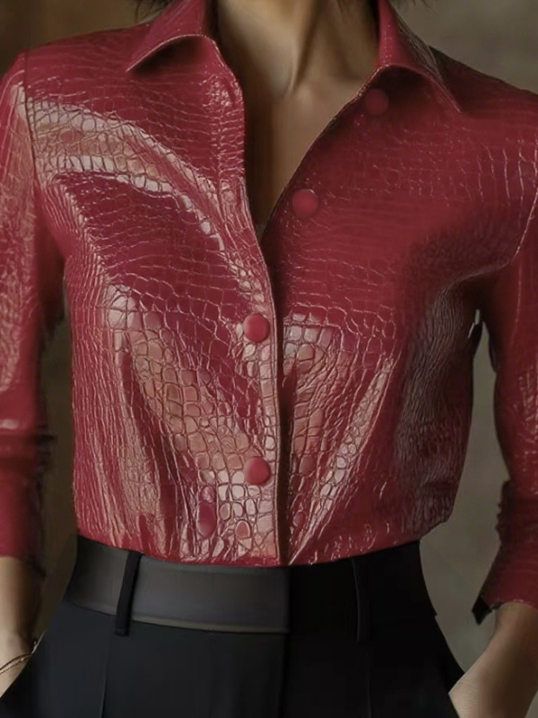 Cămașă din PU piele cu imprimeu animal cu model de crocodil, mâneci lungi, guler pătrat, nasturi pe o singură linie