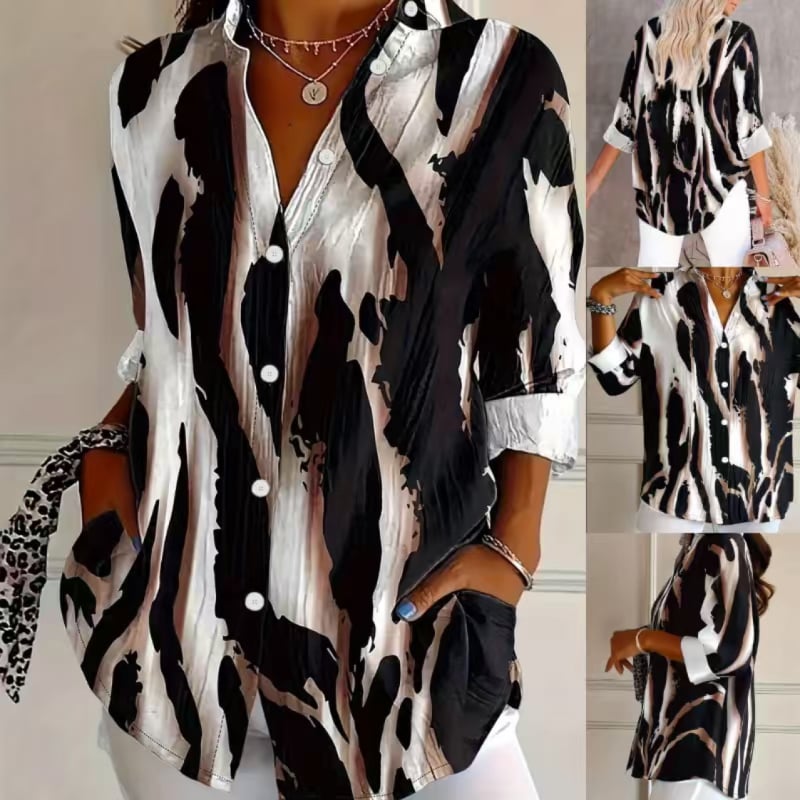 Cămașă cu model 3D, mâneci 7/8, guler pătrat, poliester