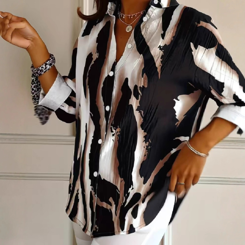 Cămașă cu model 3D, mâneci 7/8, guler pătrat, poliester