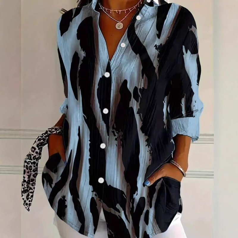 Cămașă cu model 3D, mâneci 7/8, guler pătrat, poliester