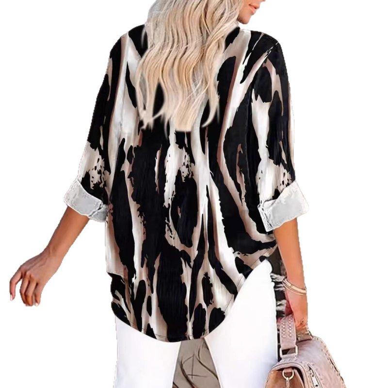 Cămașă cu model 3D, mâneci 7/8, guler pătrat, poliester