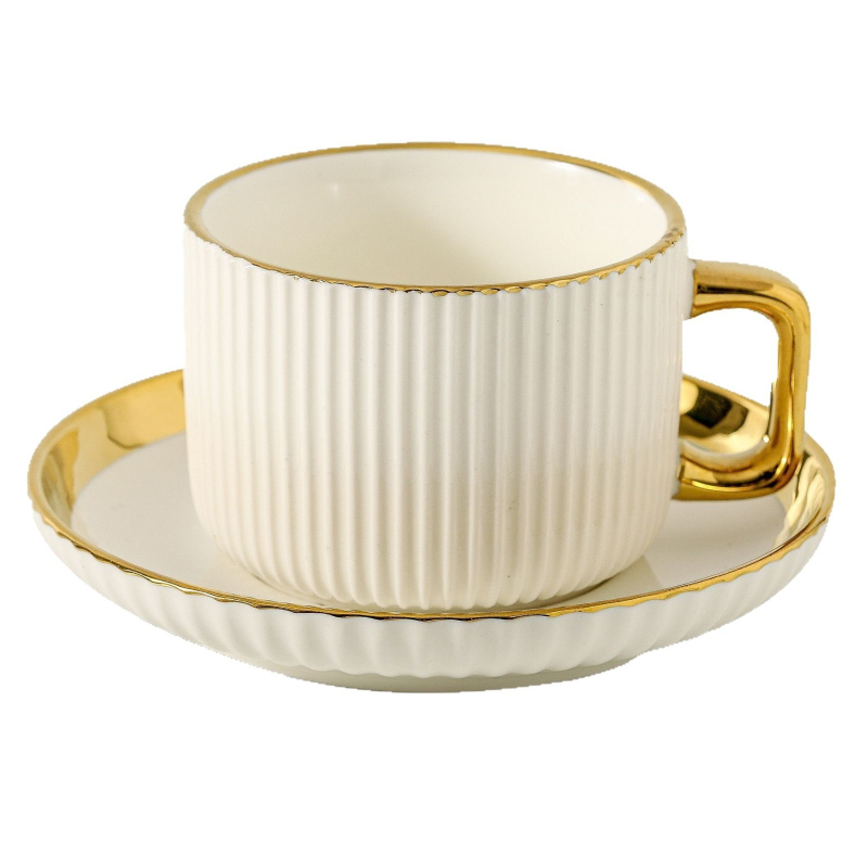 Kafas krūžu un apakštasīšu komplekts, keramika, latte-art detaļas, mūsdienīgs minimālisms, 12 daļu komplekts 6 personām, ar drukātu logotipu