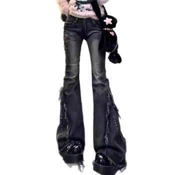 Sieviešu džinsi denim ar platāku griezumu, augsta josta, garas, izmazgātas, neliela elastība