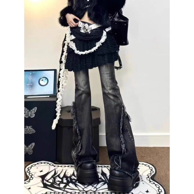 Sieviešu džinsi denim ar platāku griezumu, augsta josta, garas, izmazgātas, neliela elastība