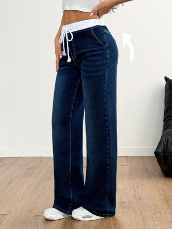 Džinsu bikses - augsta jostas vieta, platas kājas, vidēja elastība, garas