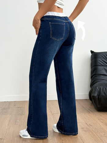 Džinsu bikses - augsta jostas vieta, platas kājas, vidēja elastība, garas