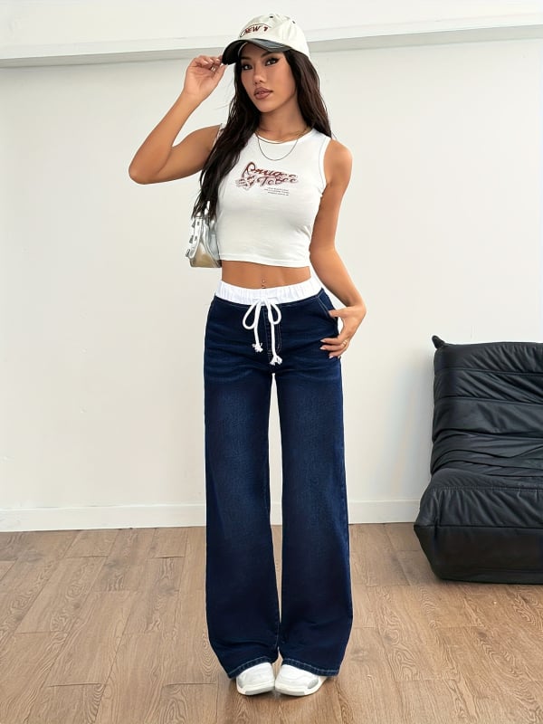 Džinsu bikses - augsta jostas vieta, platas kājas, vidēja elastība, garas