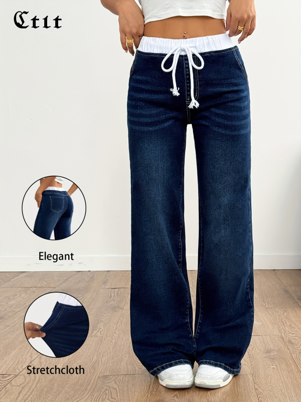 Džinsu bikses - augsta jostas vieta, platas kājas, vidēja elastība, garas