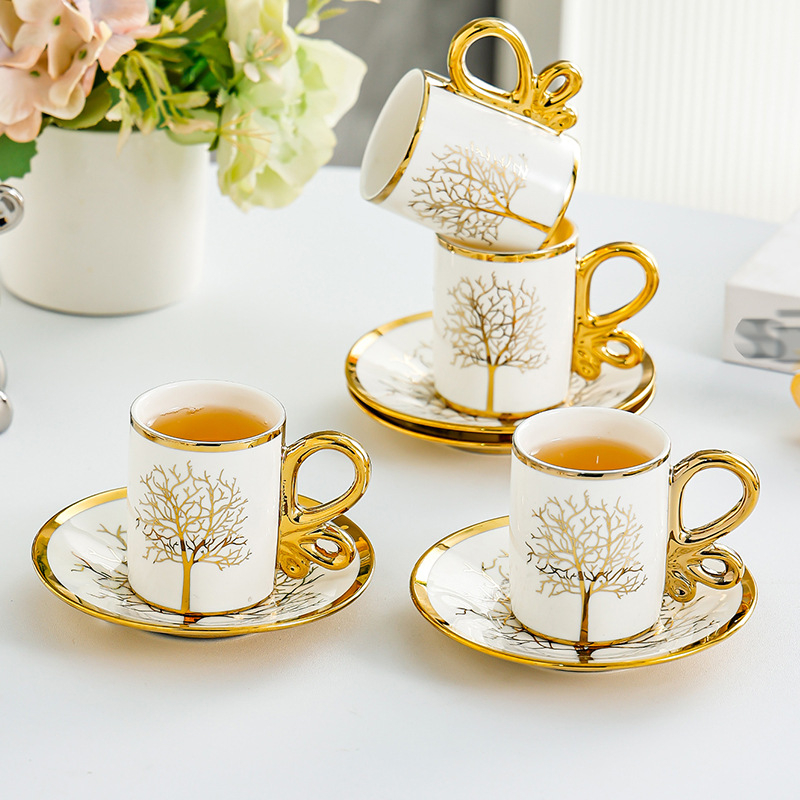 Haiqi керамичен комплект чаши за кафе и чинии – модерен стил, европейски дизайн, флорален мотив, електроплатирана повърхност, подаръчна кутия