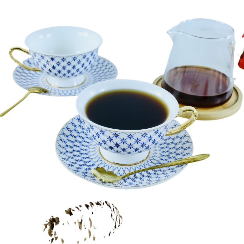 Keramikas kafijas krūze ar šķīvīti, zelta mala, gaiši grezns retro stils, 1,0 kg, iepakots kartona kastē