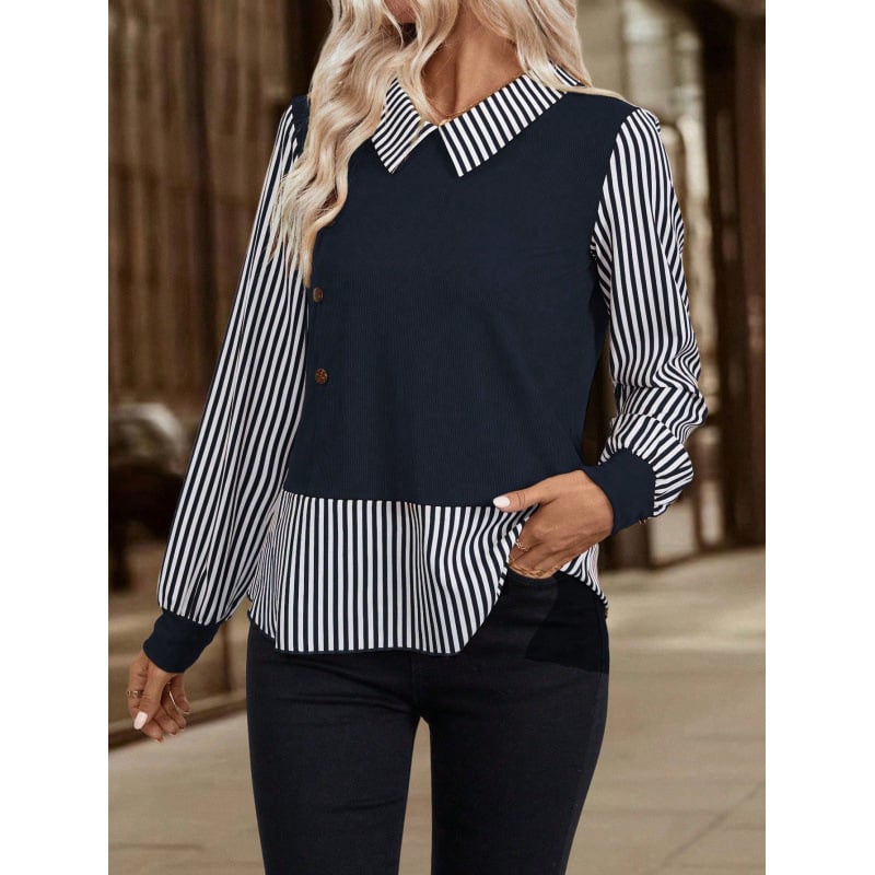 Bluza s prugama, okrugli vrat, dugi rukav, uski kroj (Poliester; prugama; okrugli vrat; dugi rukav; uski kroj)