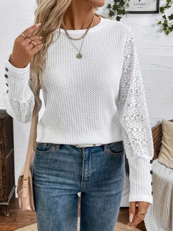 Vaflasta pletena majica s čipkastim panelom, dugi rukavi, okrugli izrez, udoban kroj