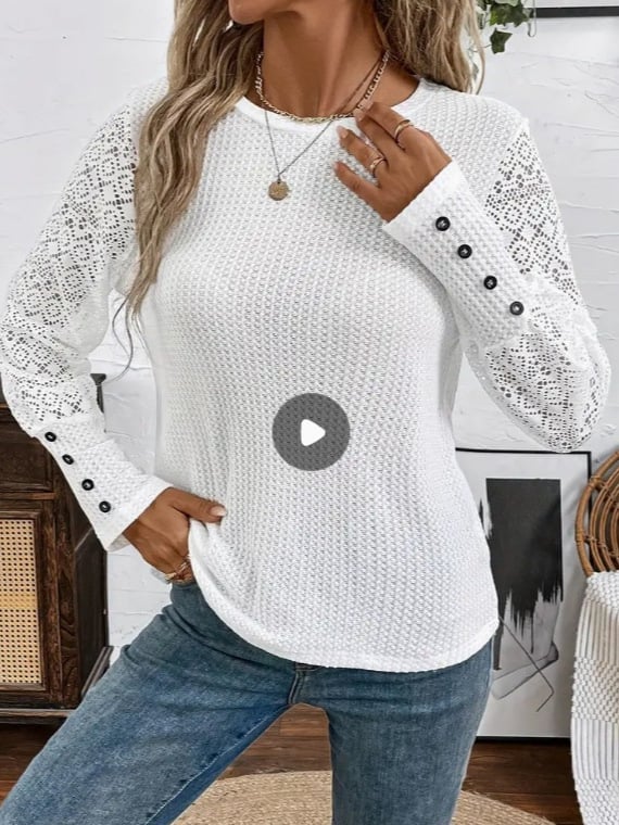 Vaflasta pletena majica s čipkastim panelom, dugi rukavi, okrugli izrez, udoban kroj