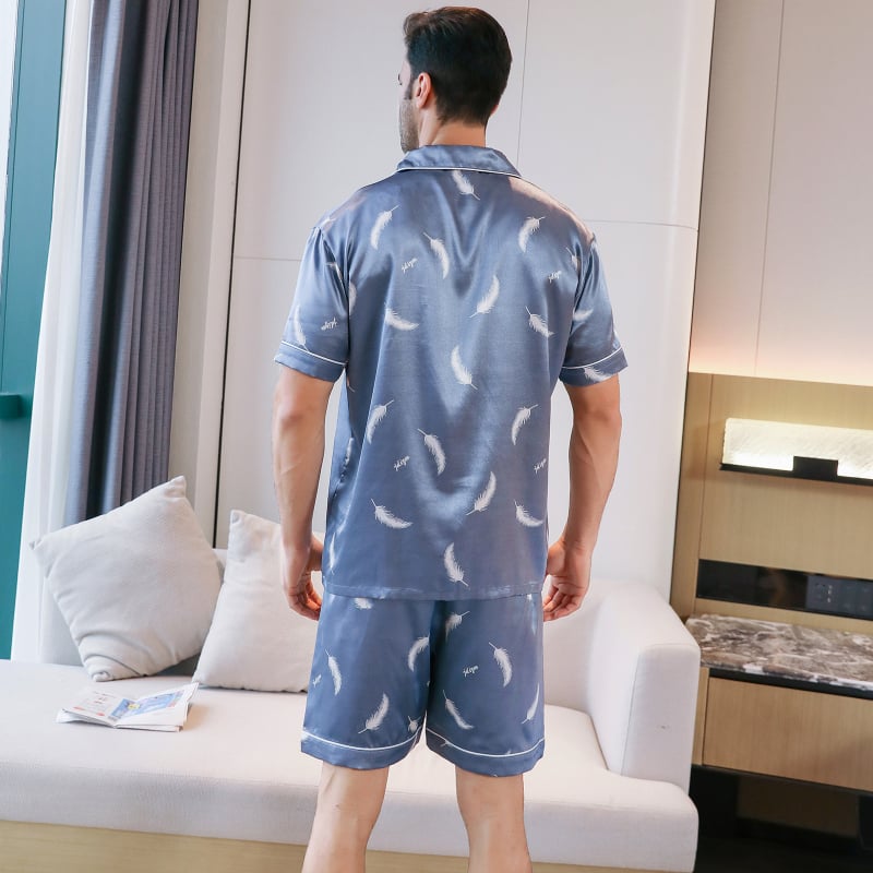 Muški satenski kućni komplet: ultra tanak gornji dio s rukavima 3/4 i šorc hlače, rever ovratnik, poliester 95–100%