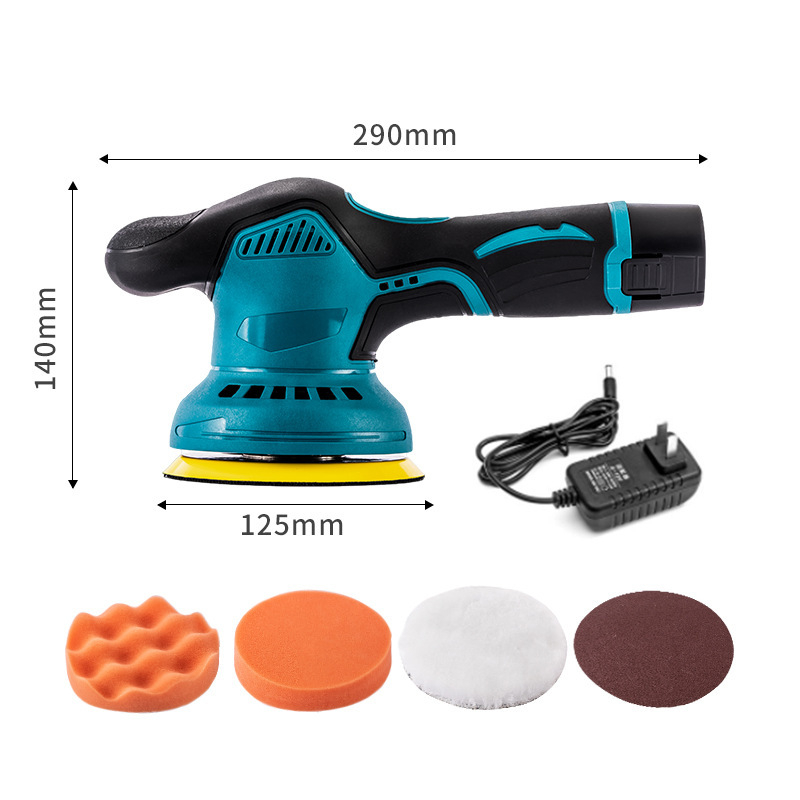 Портативен полиращ и восъчен апарат за автомобилно детайлиране, с 12V литиева батерия, вертикална работа, 2800–5000 об./мин, включва плоски и вълнообразни дискове, вълнен диск и шкурка