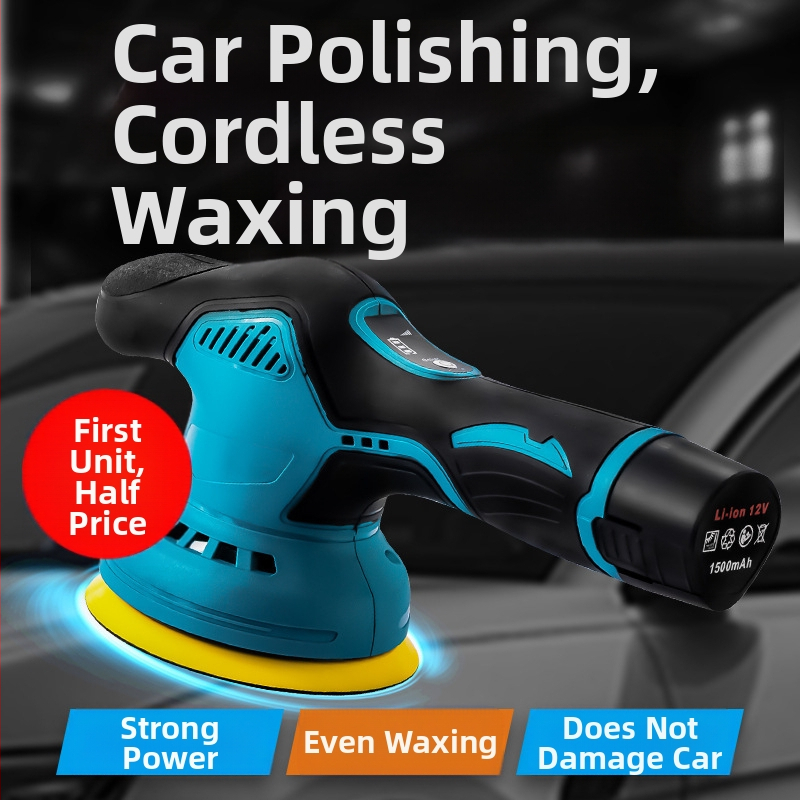 Портативен полиращ и восъчен апарат за автомобилно детайлиране, с 12V литиева батерия, вертикална работа, 2800–5000 об./мин, включва плоски и вълнообразни дискове, вълнен диск и шкурка