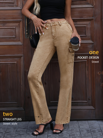 Sieviešu denim bikses ar taisnu piegriezumu, ar kabatām, no kokvilnas, bez krunkām, brīvs piegriezums, vidējais jostas augstums